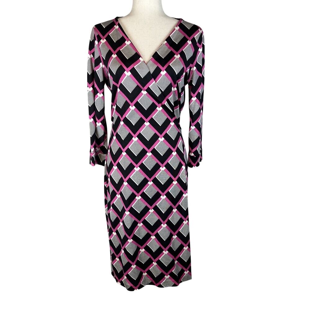 Diane Von Furstenberg Julian Two Wrap Dress Size 12 Square Tips Pink Black Silk